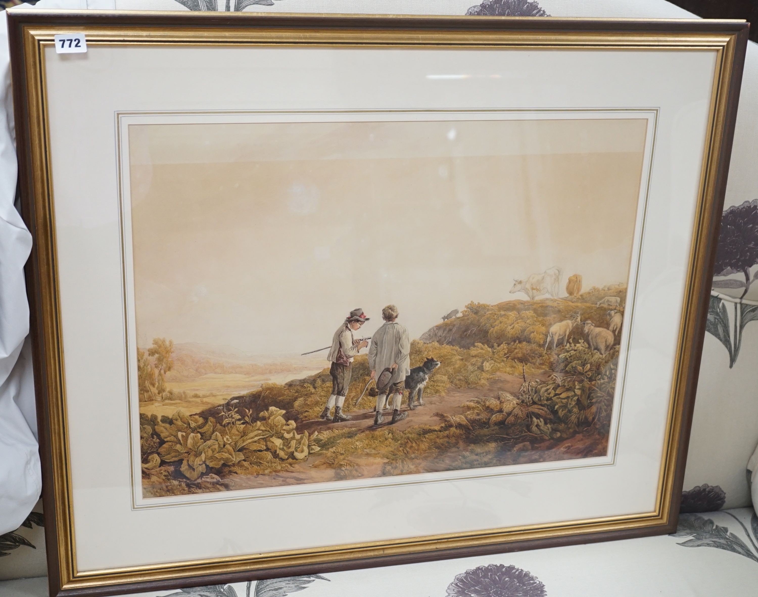 John James Chalon (1778-1854), Shepherd boy and cowherd in a landscape, watercolour, signed and dated 1812, 47 x 63cm